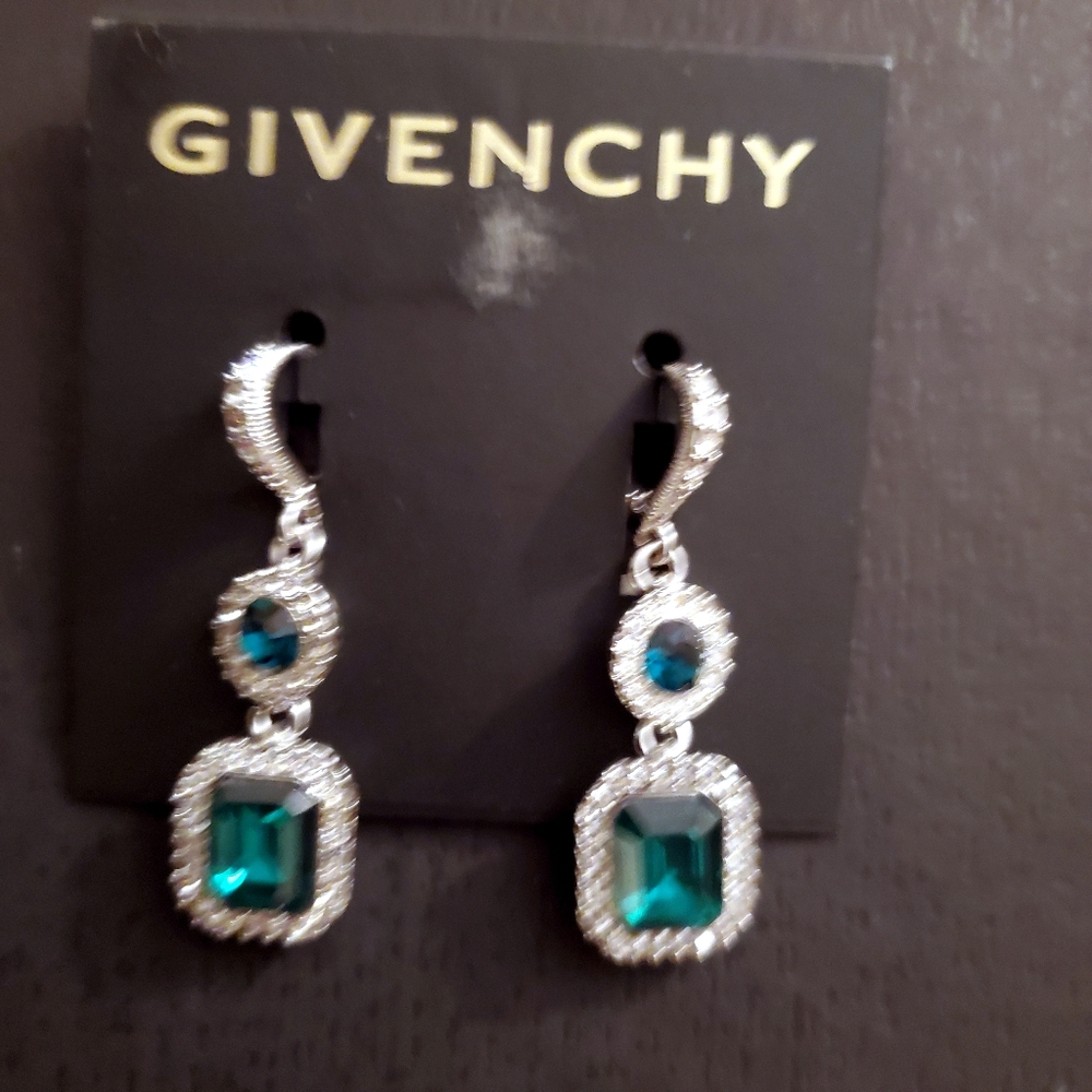 Givenchy square & round green &  Rhinestone Linear pierced Earrings  NWT